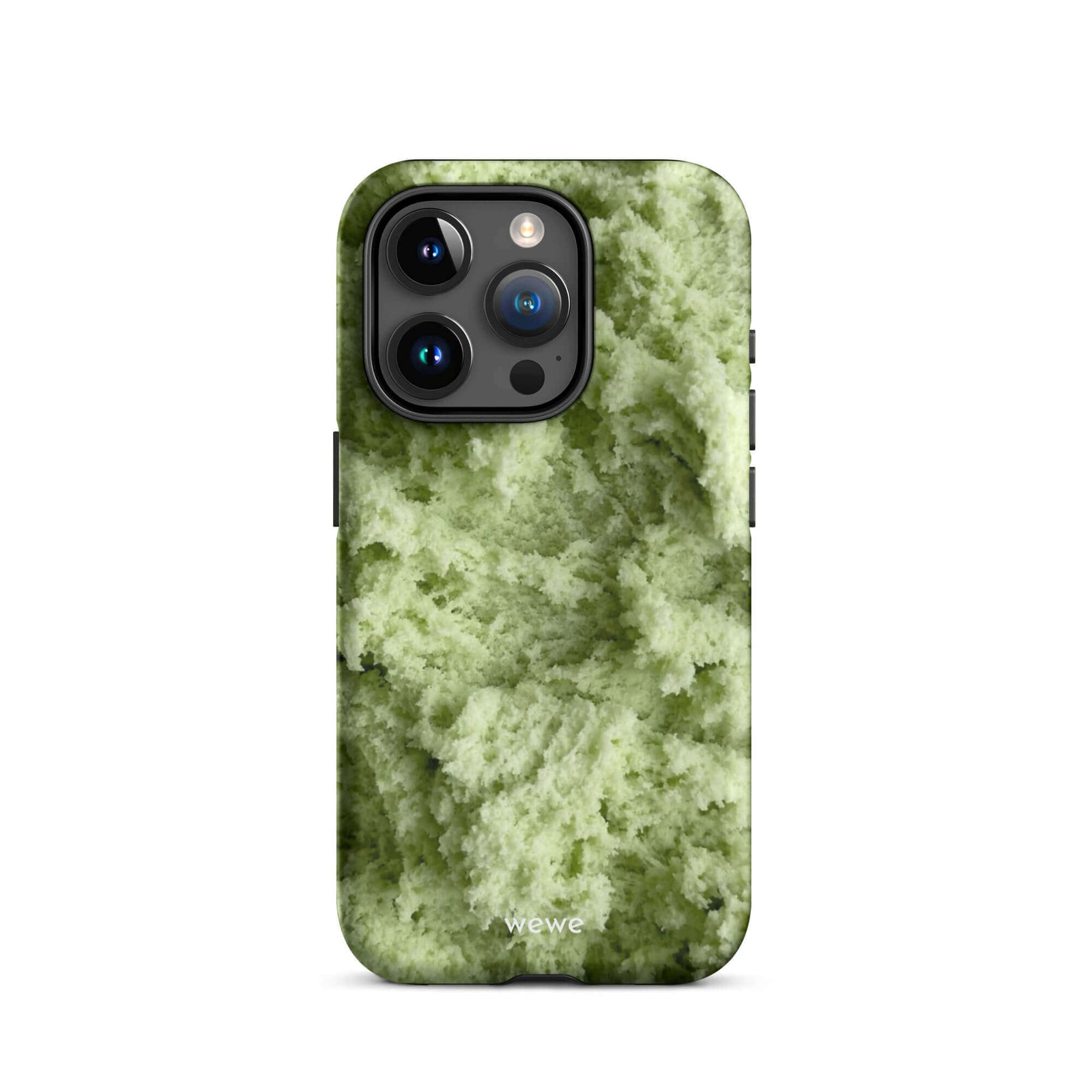 Custom iPhone case 15 pro with a close-up, macro photo of a light green, frothy texture, resembling ice cream or foam.