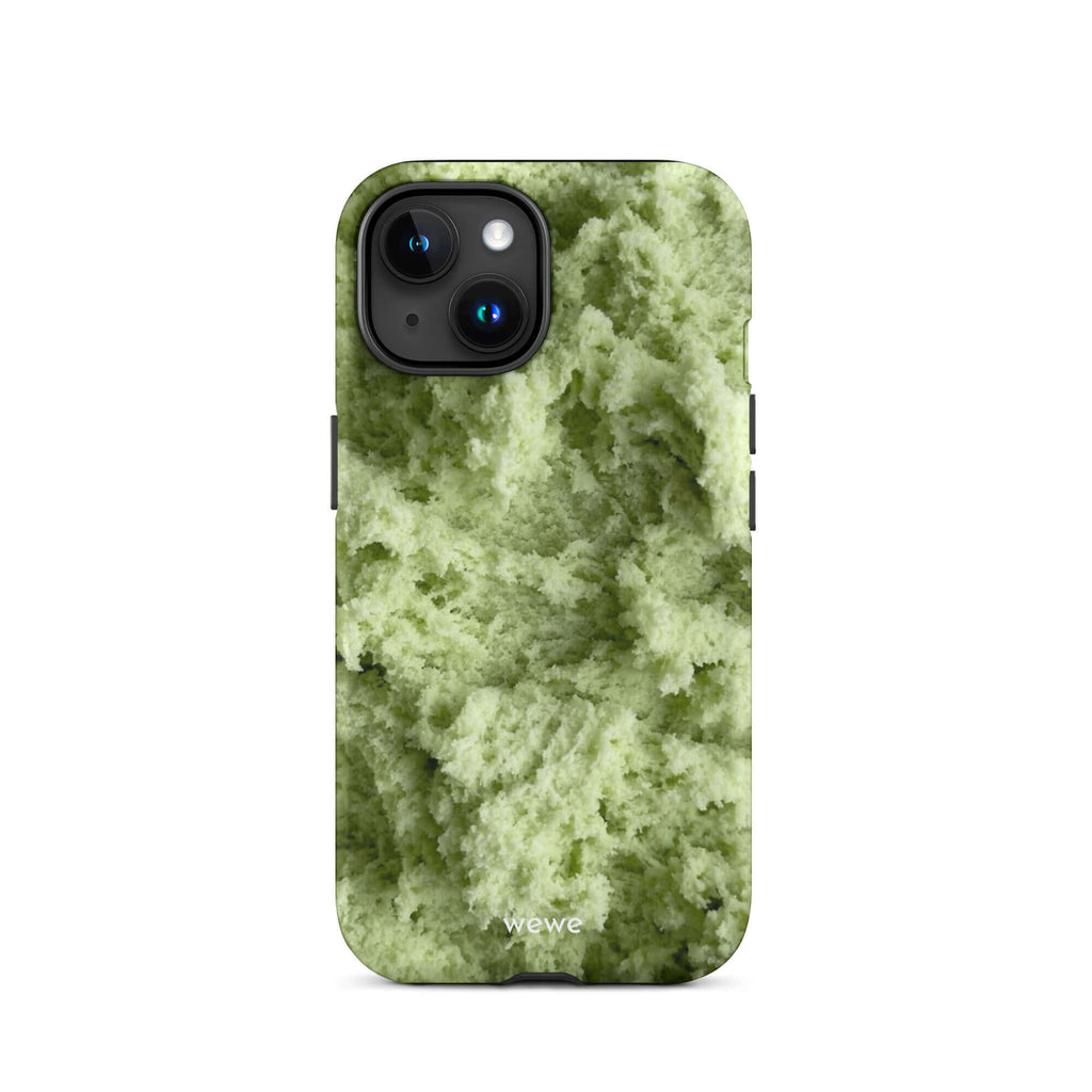 Custom iPhone case 15 with a close-up, macro photo of a light green, frothy texture, resembling ice cream or foam.