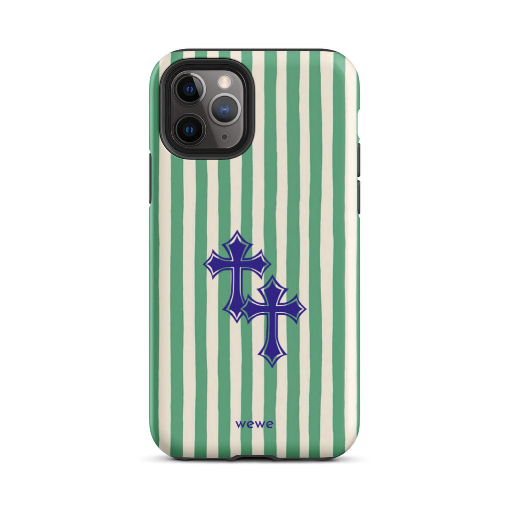 Custom iPhone case 11 pro with a green and white vertical stripe pattern and two overlapping blue tribal crosses.