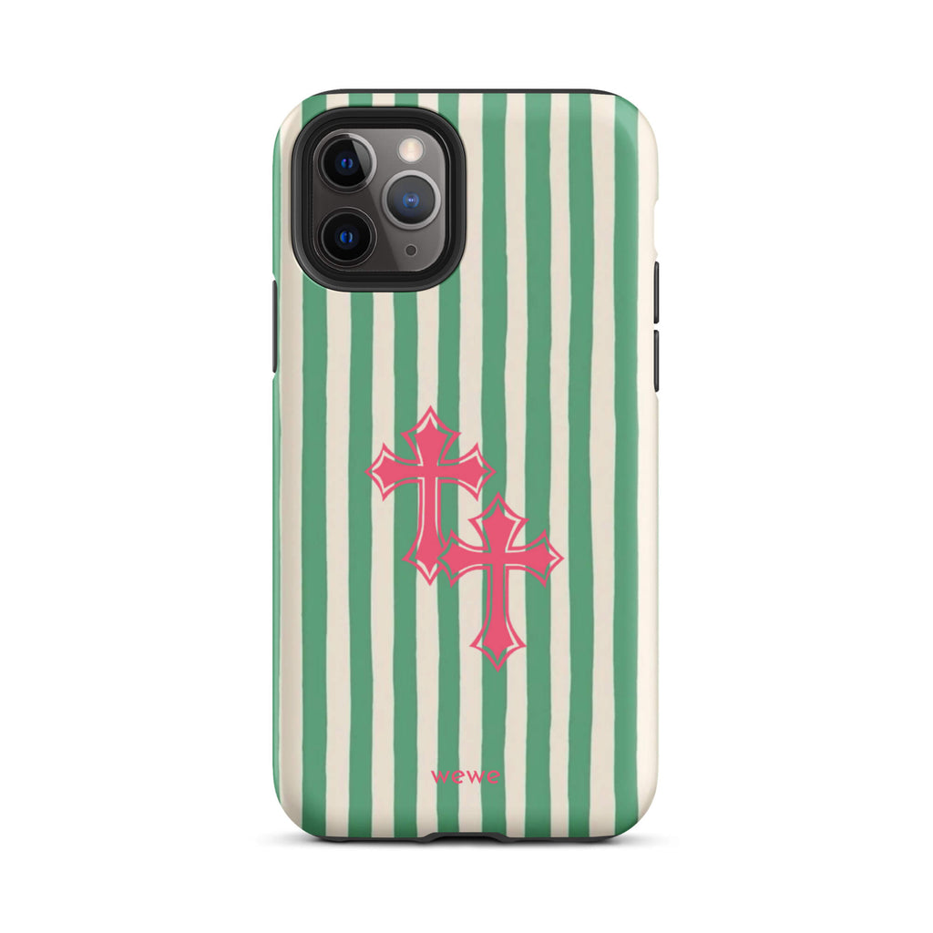 Custom iPhone 11 pro tough case featuring glossy hand-drawn style vertical stripes in mint green and off-white/cream, with two layered bright pink crosses centered on the back, and 'wewe' branding at the bottom.