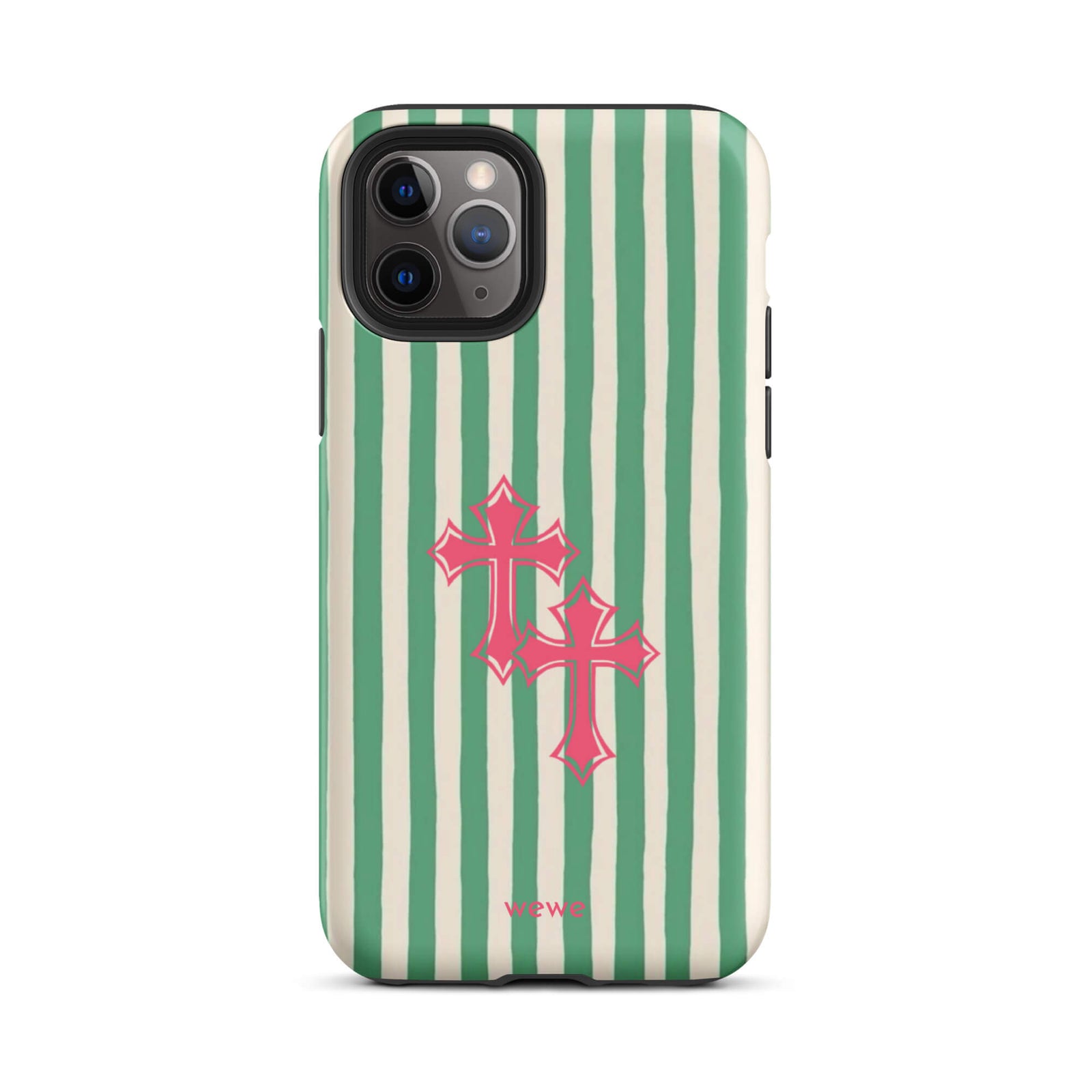 Custom iPhone 11 pro tough case featuring glossy hand-drawn style vertical stripes in mint green and off-white/cream, with two layered bright pink crosses centered on the back, and 'wewe' branding at the bottom.