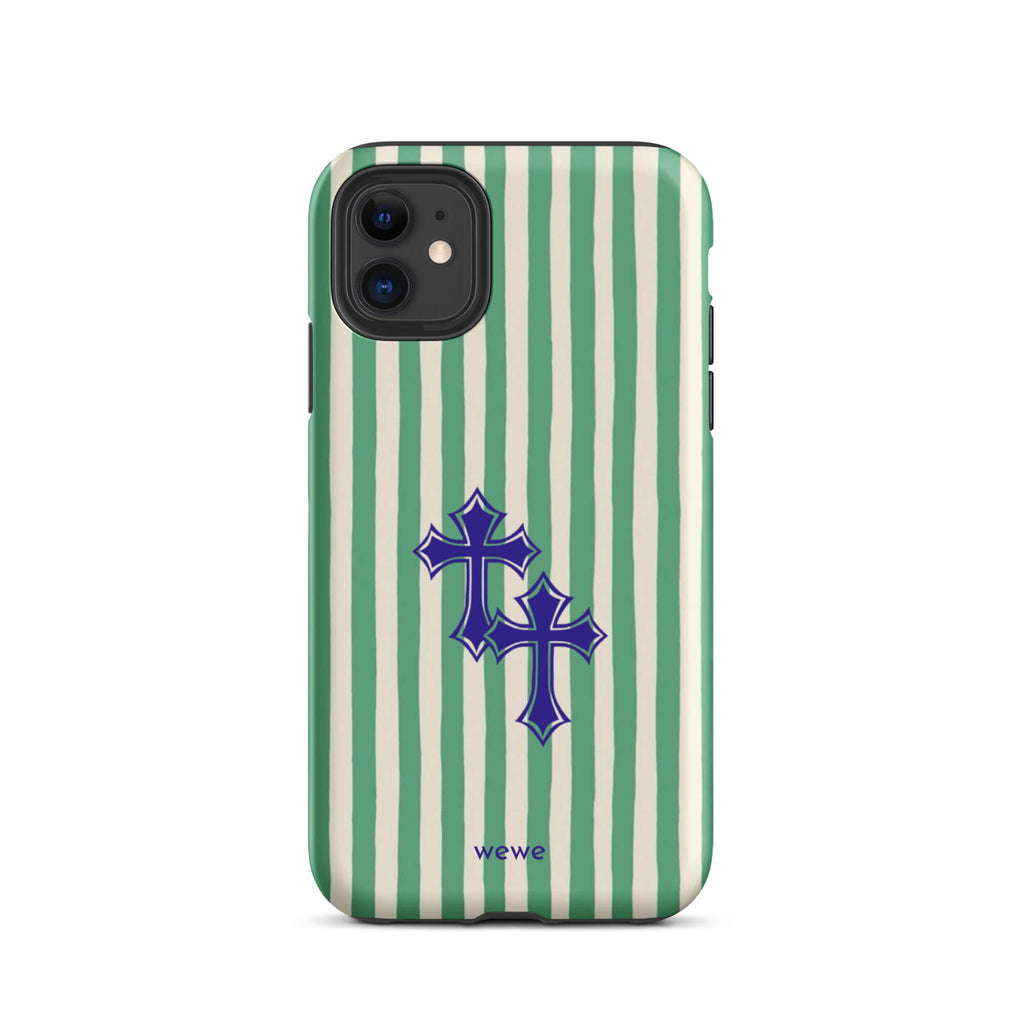 Custom iPhone case 11 with a green and white vertical stripe pattern and two overlapping blue tribal crosses.