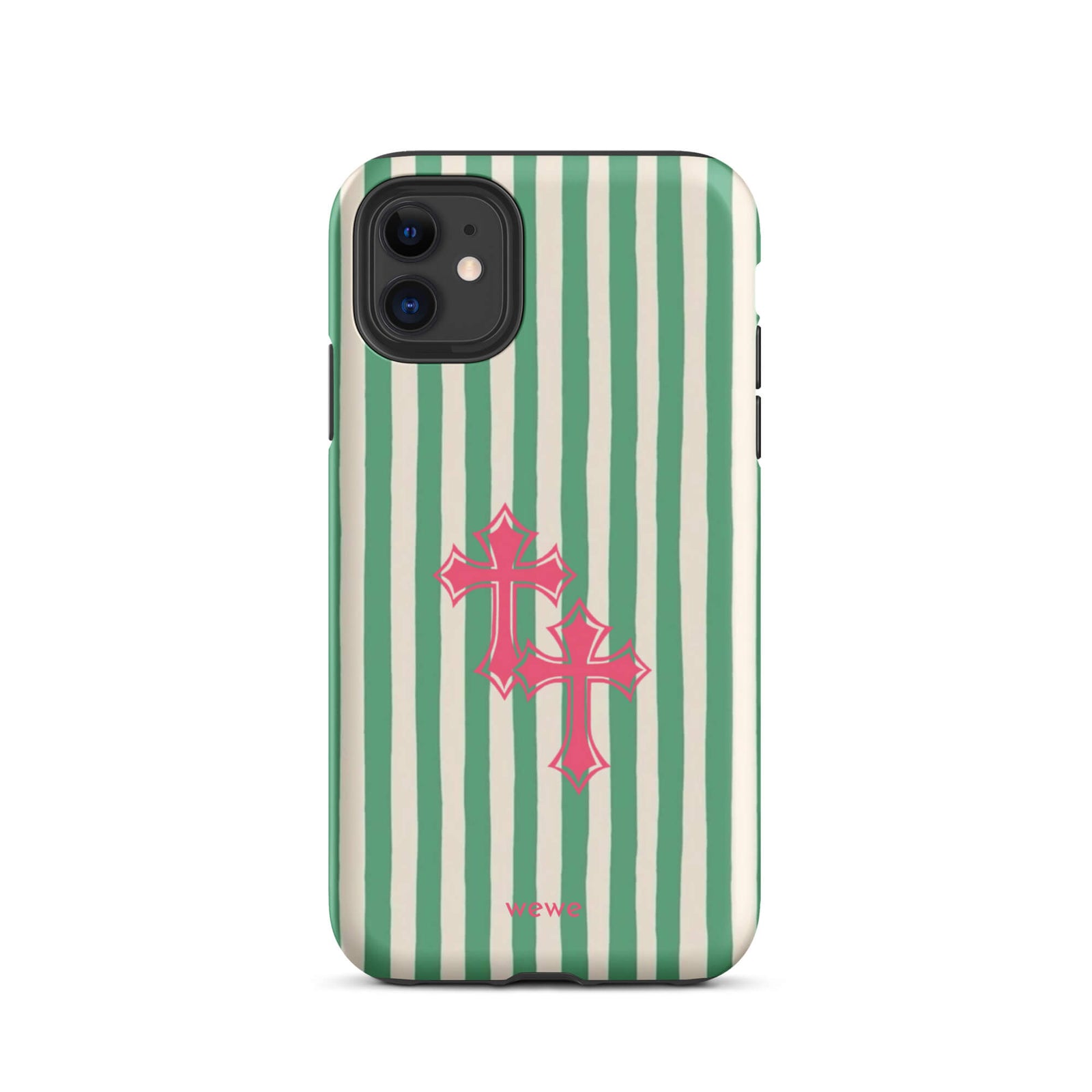 Custom iPhone 11 tough case featuring glossy hand-drawn style vertical stripes in mint green and off-white/cream, with two layered bright pink crosses centered on the back, and 'wewe' branding at the bottom.