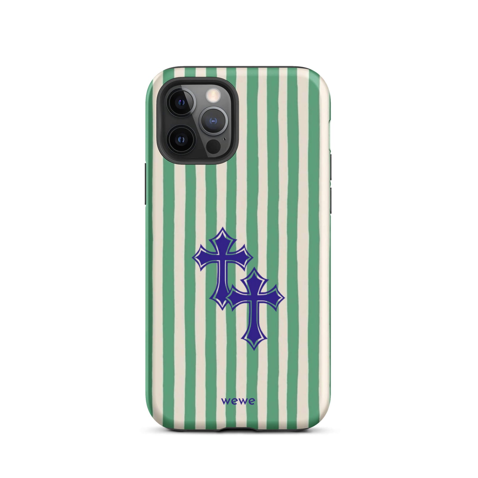 Custom iPhone case 12 pro with a green and white vertical stripe pattern and two overlapping blue tribal crosses.