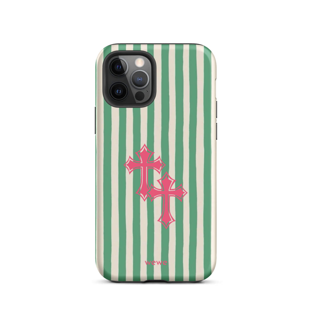 Custom iPhone 12 pro tough case featuring glossy hand-drawn style vertical stripes in mint green and off-white/cream, with two layered bright pink crosses centered on the back, and 'wewe' branding at the bottom.
