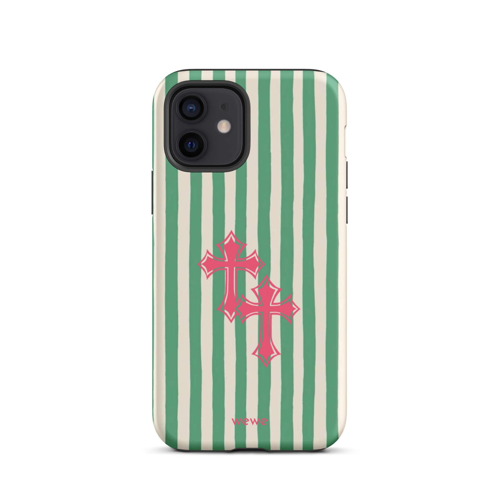 Custom iPhone 12 tough case featuring glossy hand-drawn style vertical stripes in mint green and off-white/cream, with two layered bright pink crosses centered on the back, and 'wewe' branding at the bottom.
