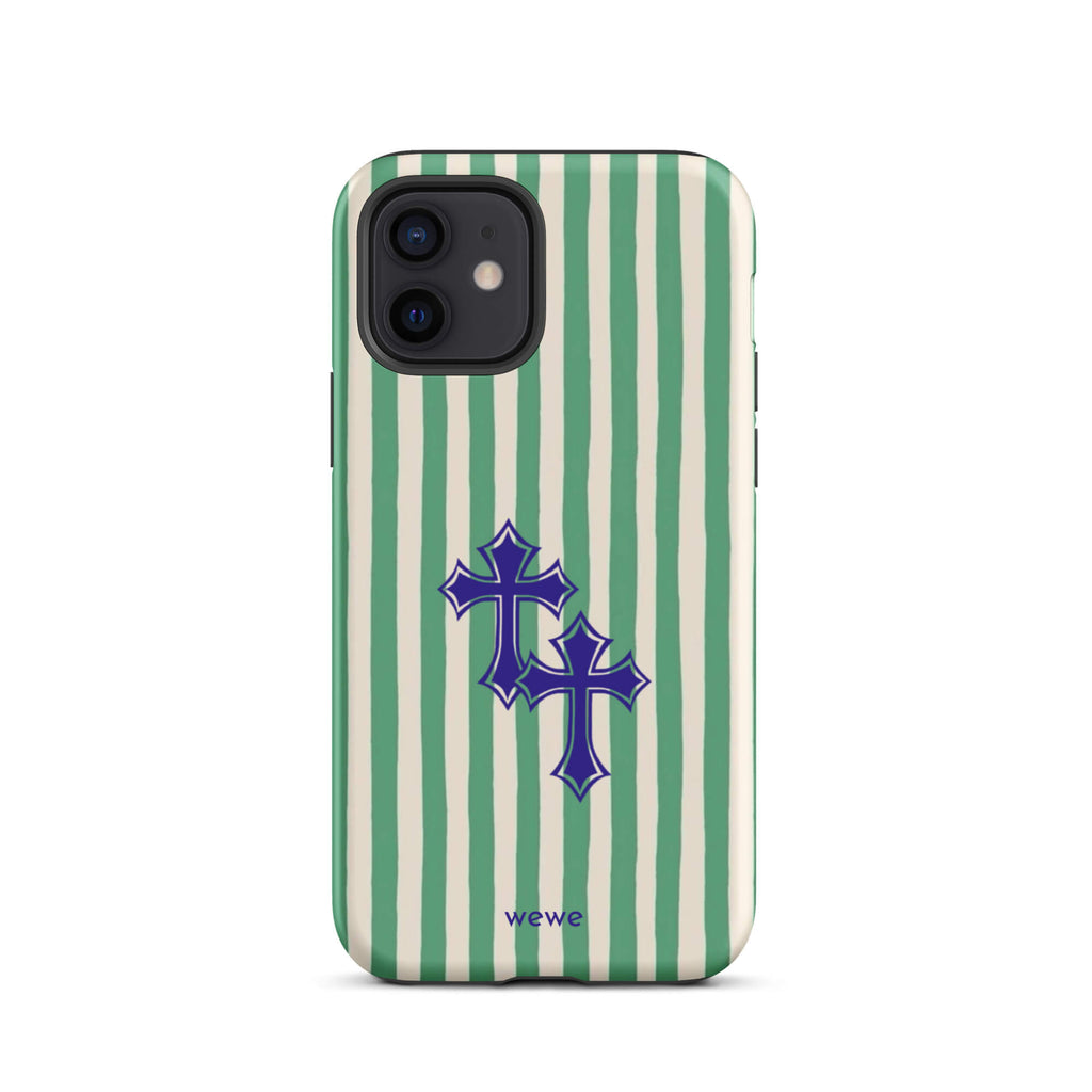 Custom iPhone case 12 with a green and white vertical stripe pattern and two overlapping blue tribal crosses.