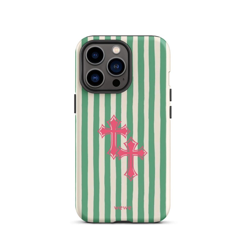 Custom iPhone 13 pro tough case featuring glossy hand-drawn style vertical stripes in mint green and off-white/cream, with two layered bright pink crosses centered on the back, and 'wewe' branding at the bottom.