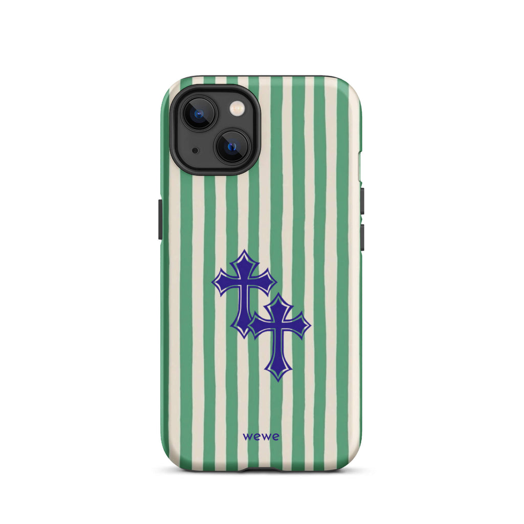 Custom iPhone case 13 with a green and white vertical stripe pattern and two overlapping blue tribal crosses.