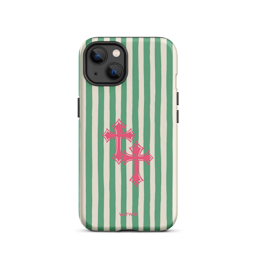 Custom iPhone 13 tough case featuring glossy hand-drawn style vertical stripes in mint green and off-white/cream, with two layered bright pink crosses centered on the back, and 'wewe' branding at the bottom.