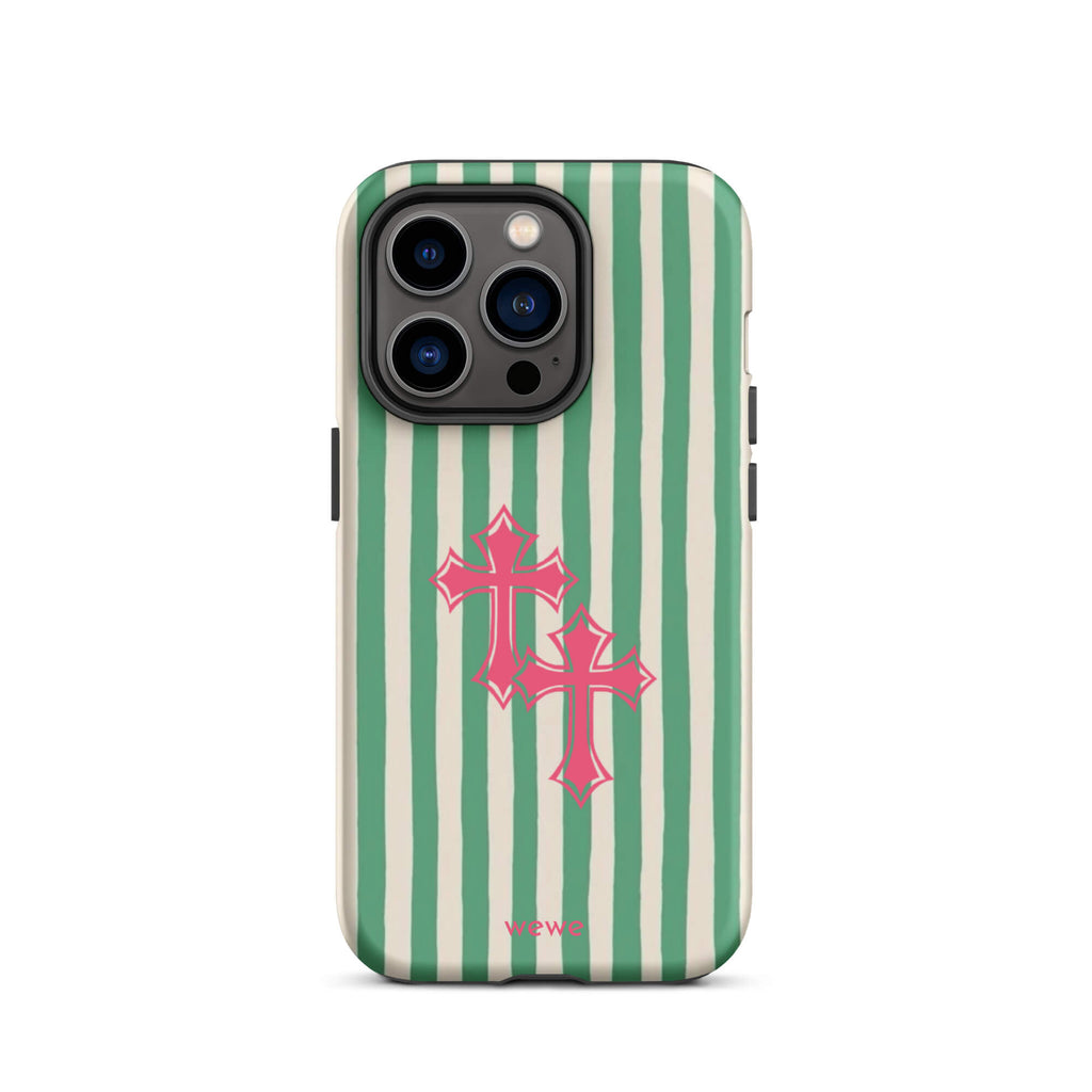 Custom iPhone 14 pro tough case featuring glossy hand-drawn style vertical stripes in mint green and off-white/cream, with two layered bright pink crosses centered on the back, and 'wewe' branding at the bottom.
