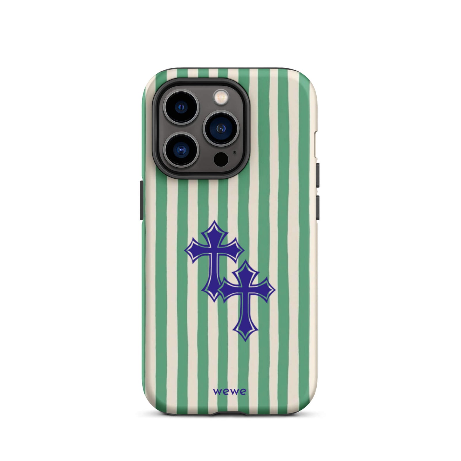 Custom iPhone case 14 pro with a green and white vertical stripe pattern and two overlapping blue tribal crosses.
