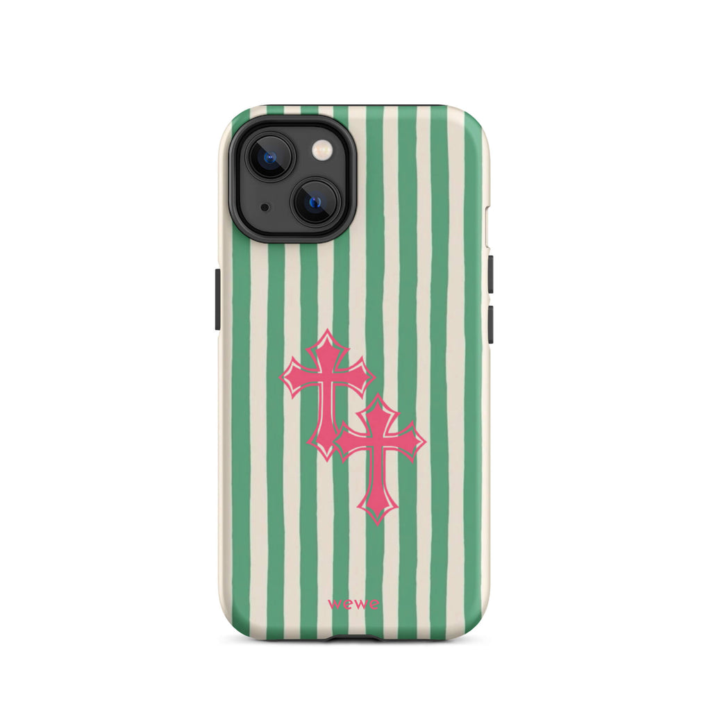 Custom iPhone 14 tough case featuring glossy hand-drawn style vertical stripes in mint green and off-white/cream, with two layered bright pink crosses centered on the back, and 'wewe' branding at the bottom.