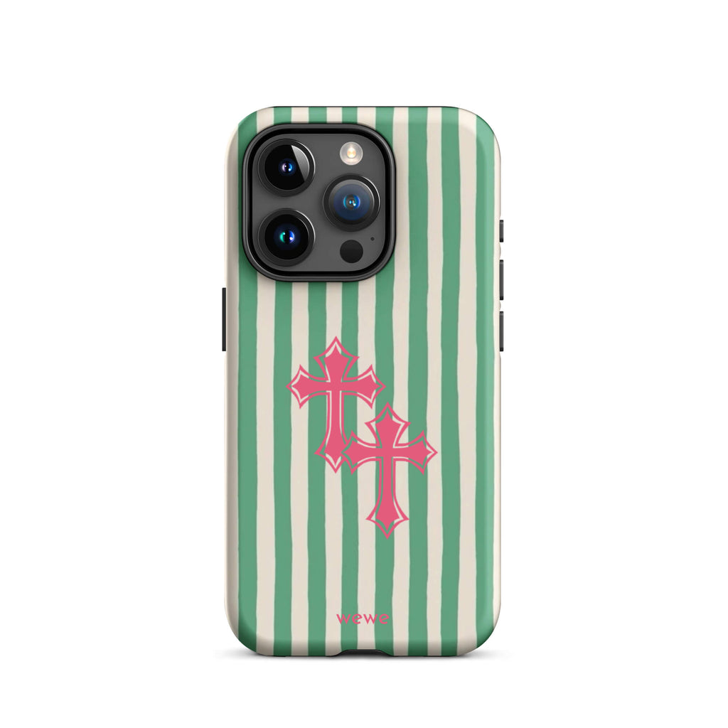 Custom iPhone 15 pro tough case featuring glossy hand-drawn style vertical stripes in mint green and off-white/cream, with two layered bright pink crosses centered on the back, and 'wewe' branding at the bottom.