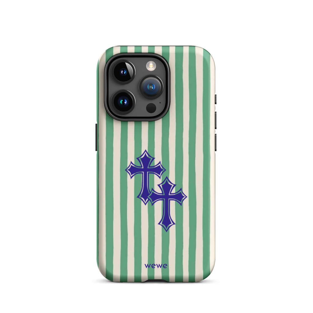 Custom iPhone case 15 pro with a green and white vertical stripe pattern and two overlapping blue tribal crosses.