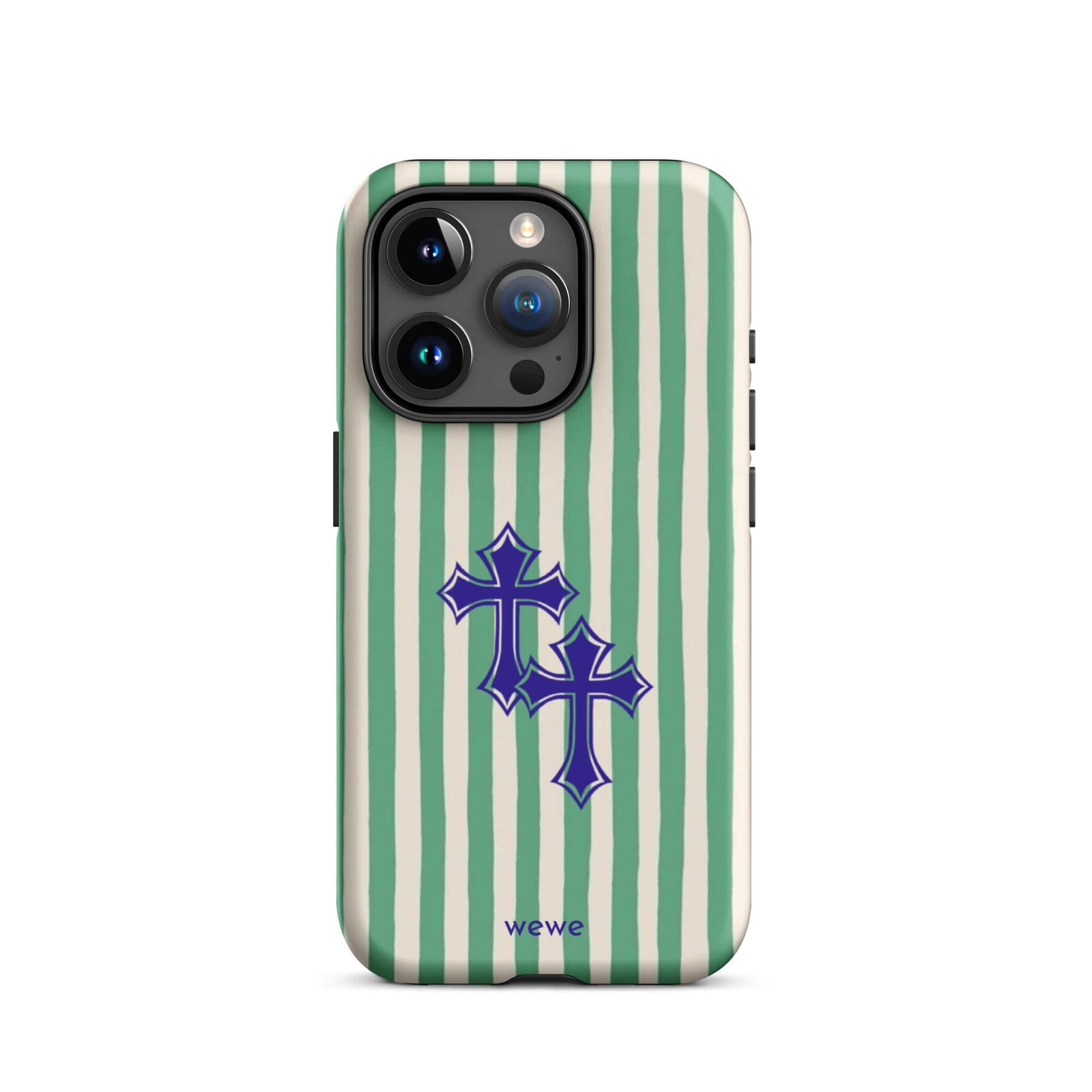 Custom iPhone case 15 pro with a green and white vertical stripe pattern and two overlapping blue tribal crosses.