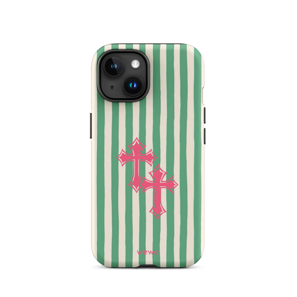 Custom iPhone 15 tough case featuring glossy hand-drawn style vertical stripes in mint green and off-white/cream, with two layered bright pink crosses centered on the back, and 'wewe' branding at the bottom.