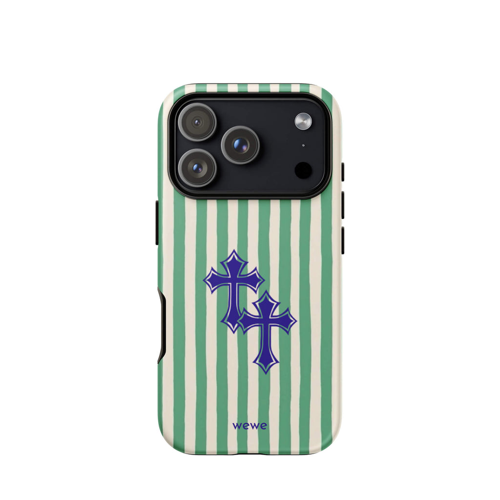 Custom green stripe iPhone case 17 pro punk aesthetic style.