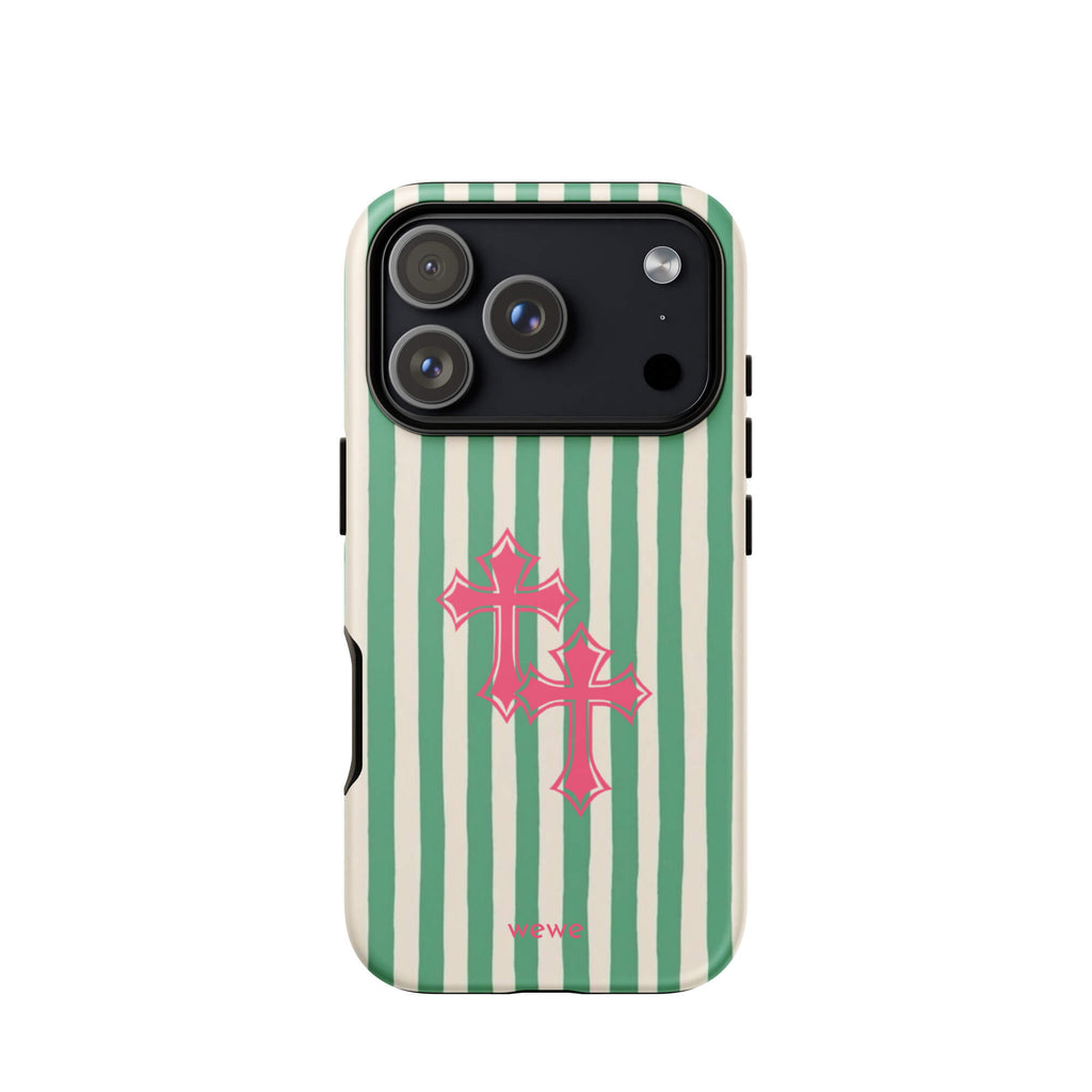 Custom pink tones cross iPhone case 17 pro spiritual design.