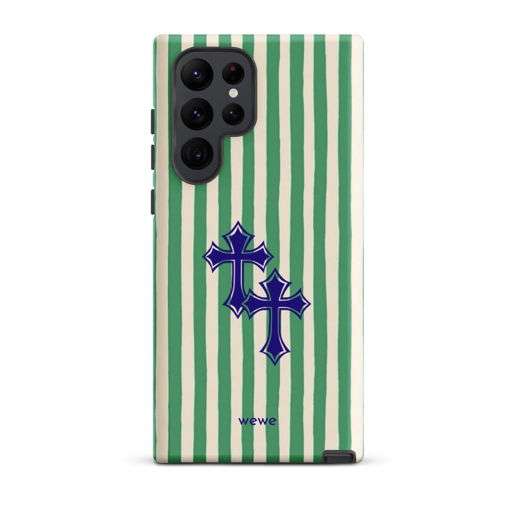 Custom samsung galaxy s22 ultra  Phone case with a green and white vertical stripe pattern and two overlapping blue tribal crosses.
