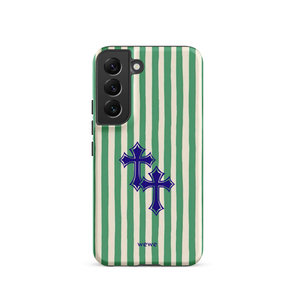 Custom samsung galaxy s22  Phone case with a green and white vertical stripe pattern and two overlapping blue tribal crosses.