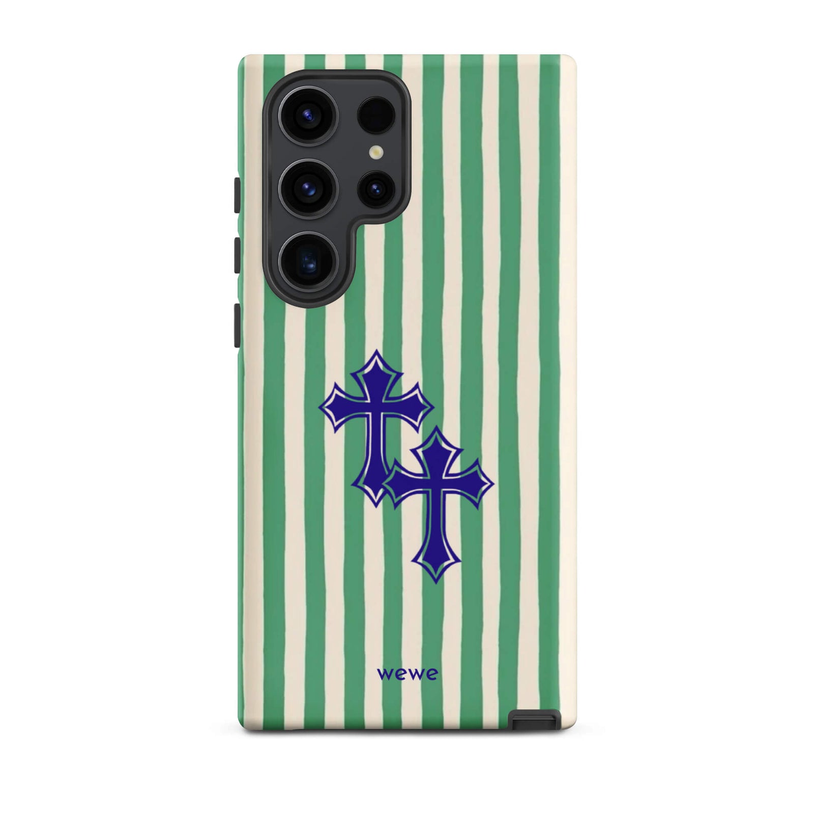Custom samsung galaxy s23 ultra  Phone case with a green and white vertical stripe pattern and two overlapping blue tribal crosses.