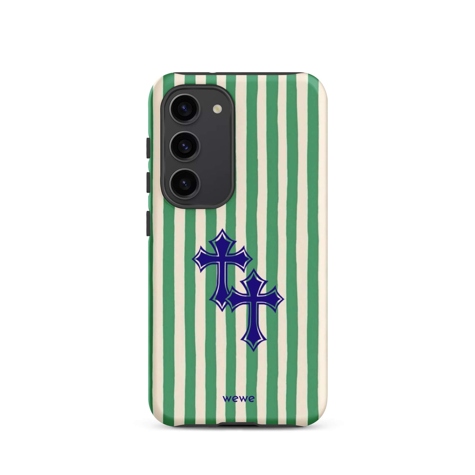 Custom samsung galaxy s23  Phone case with a green and white vertical stripe pattern and two overlapping blue tribal crosses.