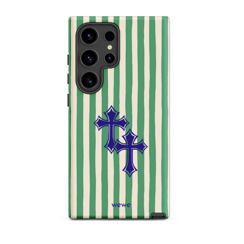 Custom samsung galaxy s24 ultra  Phone case with a green and white vertical stripe pattern and two overlapping blue tribal crosses.