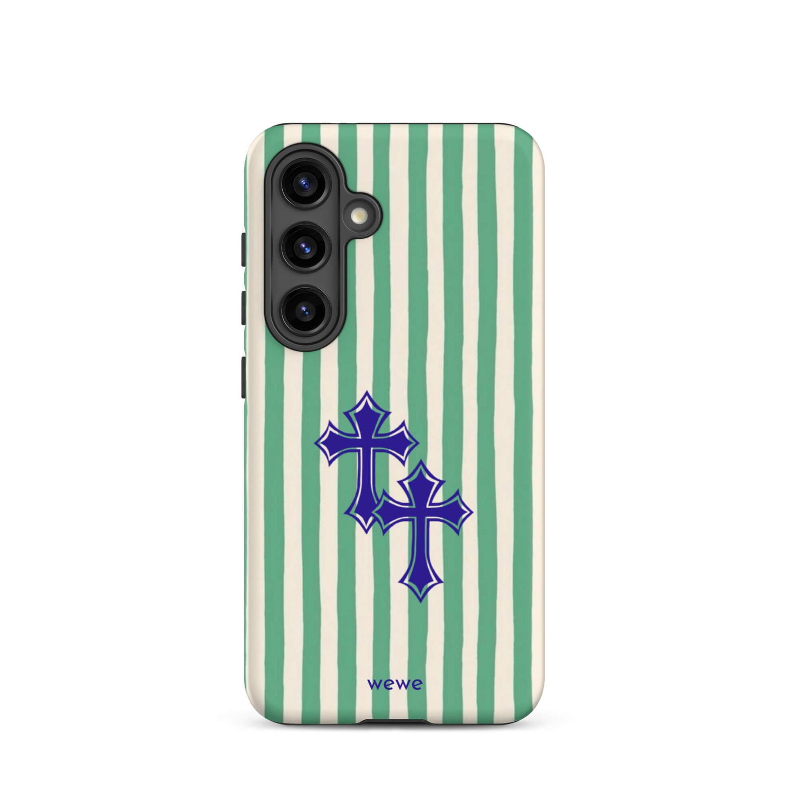 Custom samsung galaxy s24  Phone case with a green and white vertical stripe pattern and two overlapping blue tribal crosses.