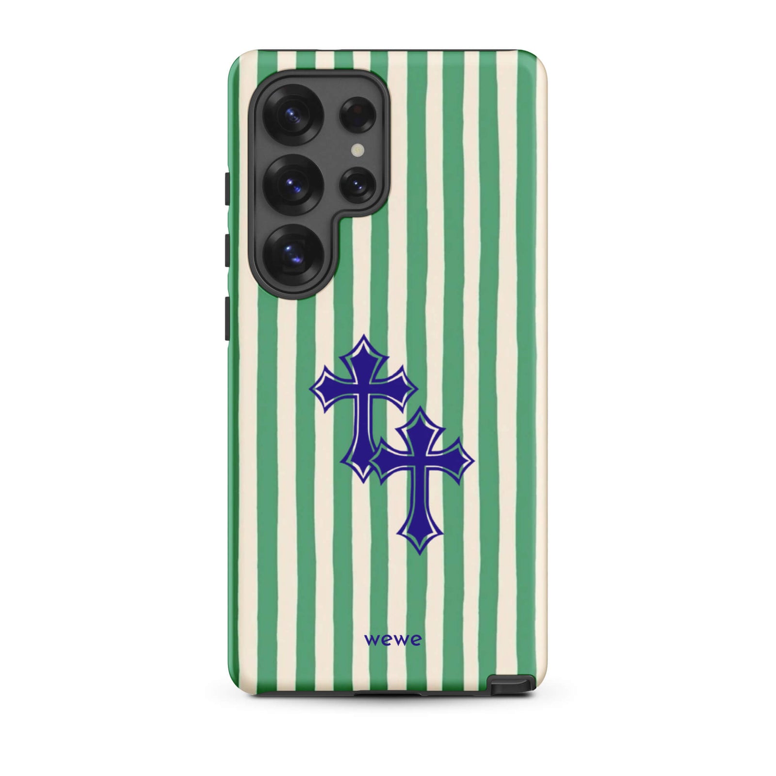Custom samsung galaxy s25 ultra  Phone case with a green and white vertical stripe pattern and two overlapping blue tribal crosses.