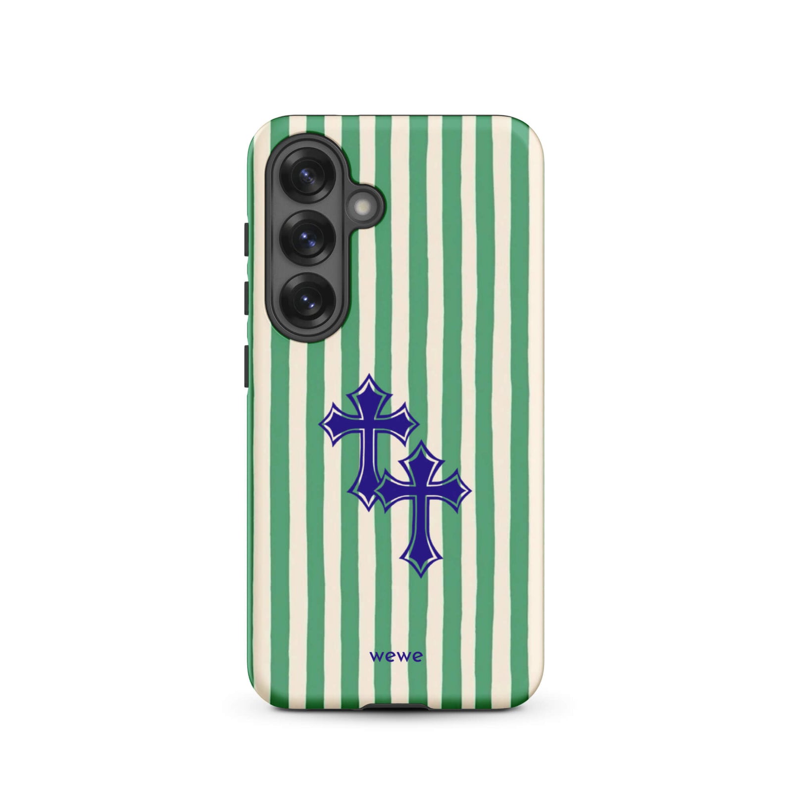 Custom samsung galaxy s25 Phone case with a green and white vertical stripe pattern and two overlapping blue tribal crosses.