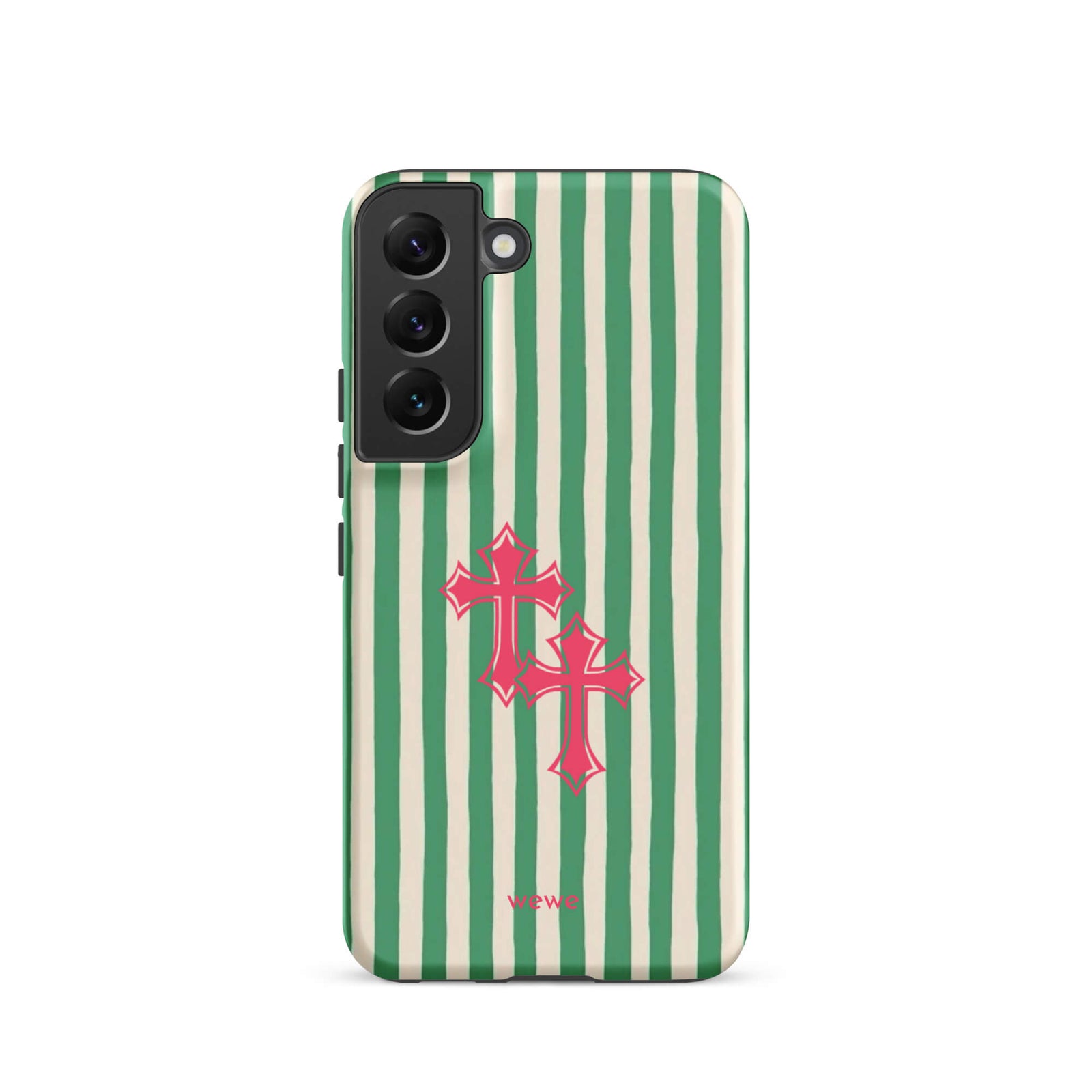 Custom samsung galaxy s22 tough case featuring glossy hand-drawn style vertical stripes in mint green and off-white/cream, with two layered bright pink crosses centered on the back, and 'wewe' branding at the bottom.