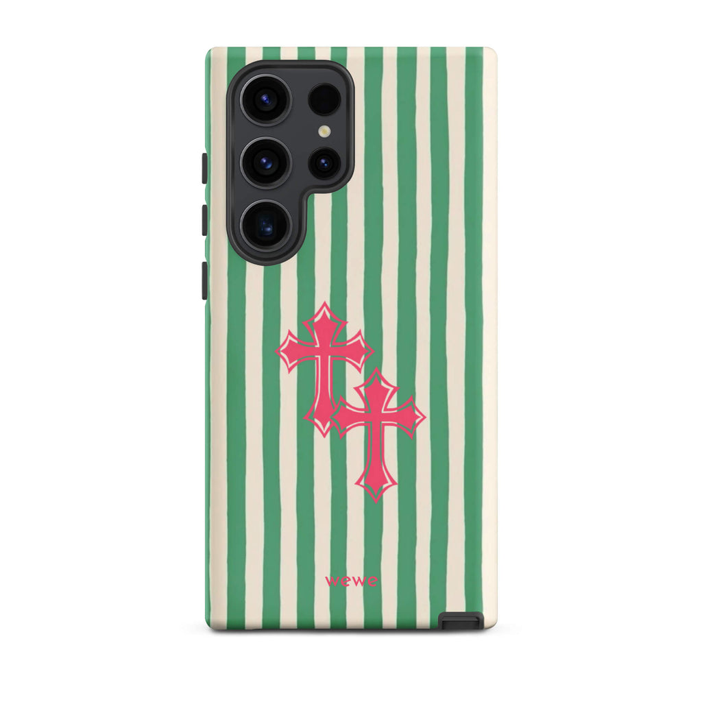 Custom samsung galaxy s23 ultra tough case featuring glossy hand-drawn style vertical stripes in mint green and off-white/cream, with two layered bright pink crosses centered on the back, and 'wewe' branding at the bottom.