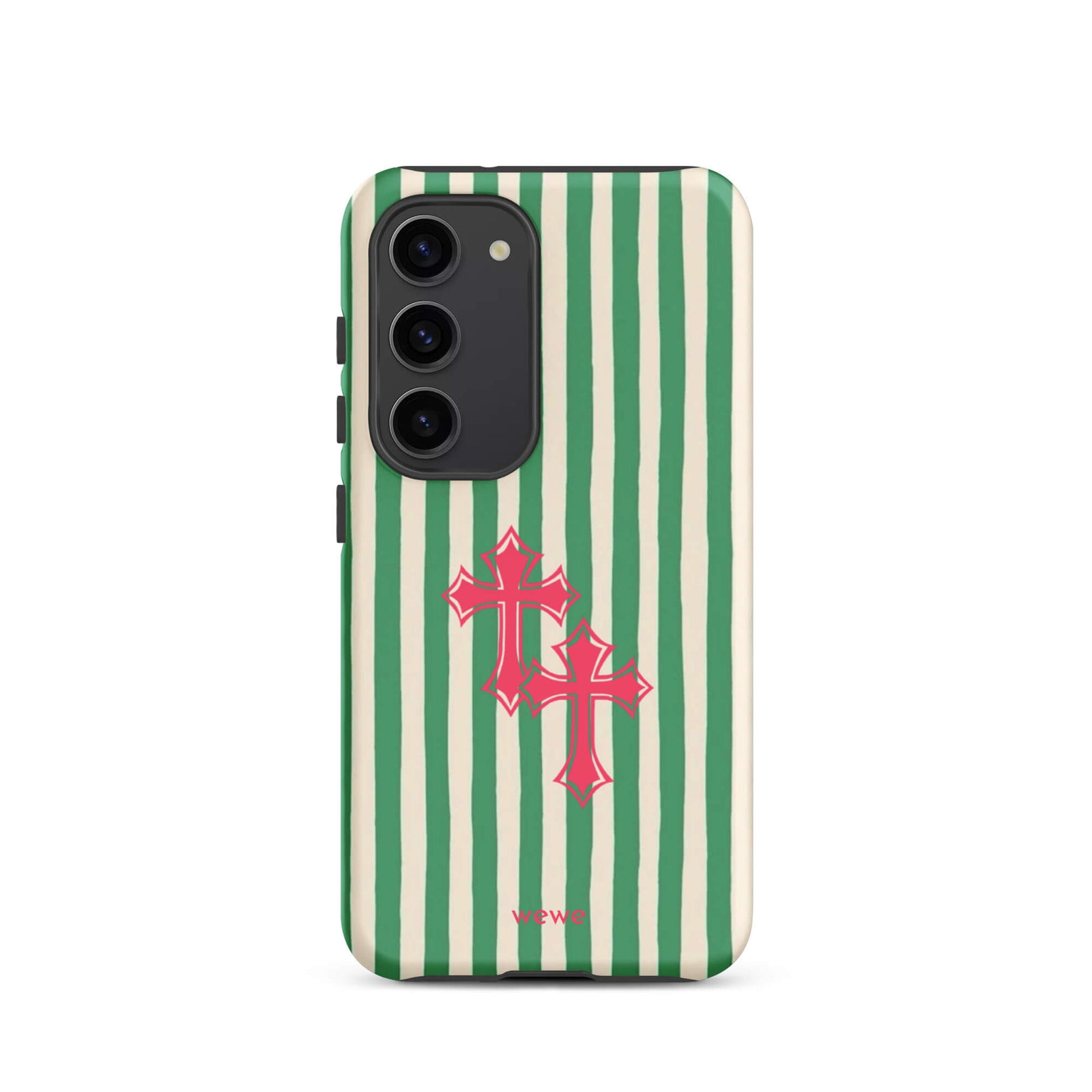 Custom samsung galaxy s23 tough case featuring glossy hand-drawn style vertical stripes in mint green and off-white/cream, with two layered bright pink crosses centered on the back, and 'wewe' branding at the bottom.