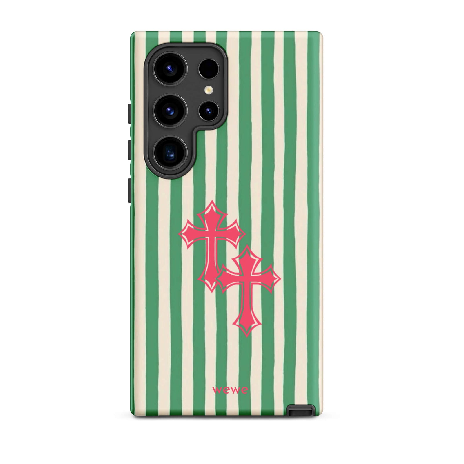 Custom samsung galaxy s24 ultra tough case featuring glossy hand-drawn style vertical stripes in mint green and off-white/cream, with two layered bright pink crosses centered on the back, and 'wewe' branding at the bottom.