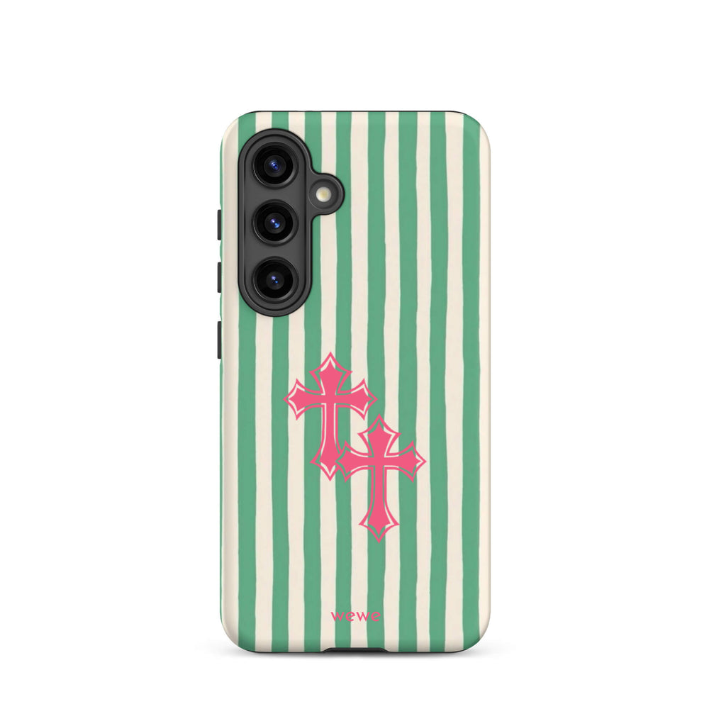 Custom samsung galaxy s24 tough case featuring glossy hand-drawn style vertical stripes in mint green and off-white/cream, with two layered bright pink crosses centered on the back, and 'wewe' branding at the bottom.