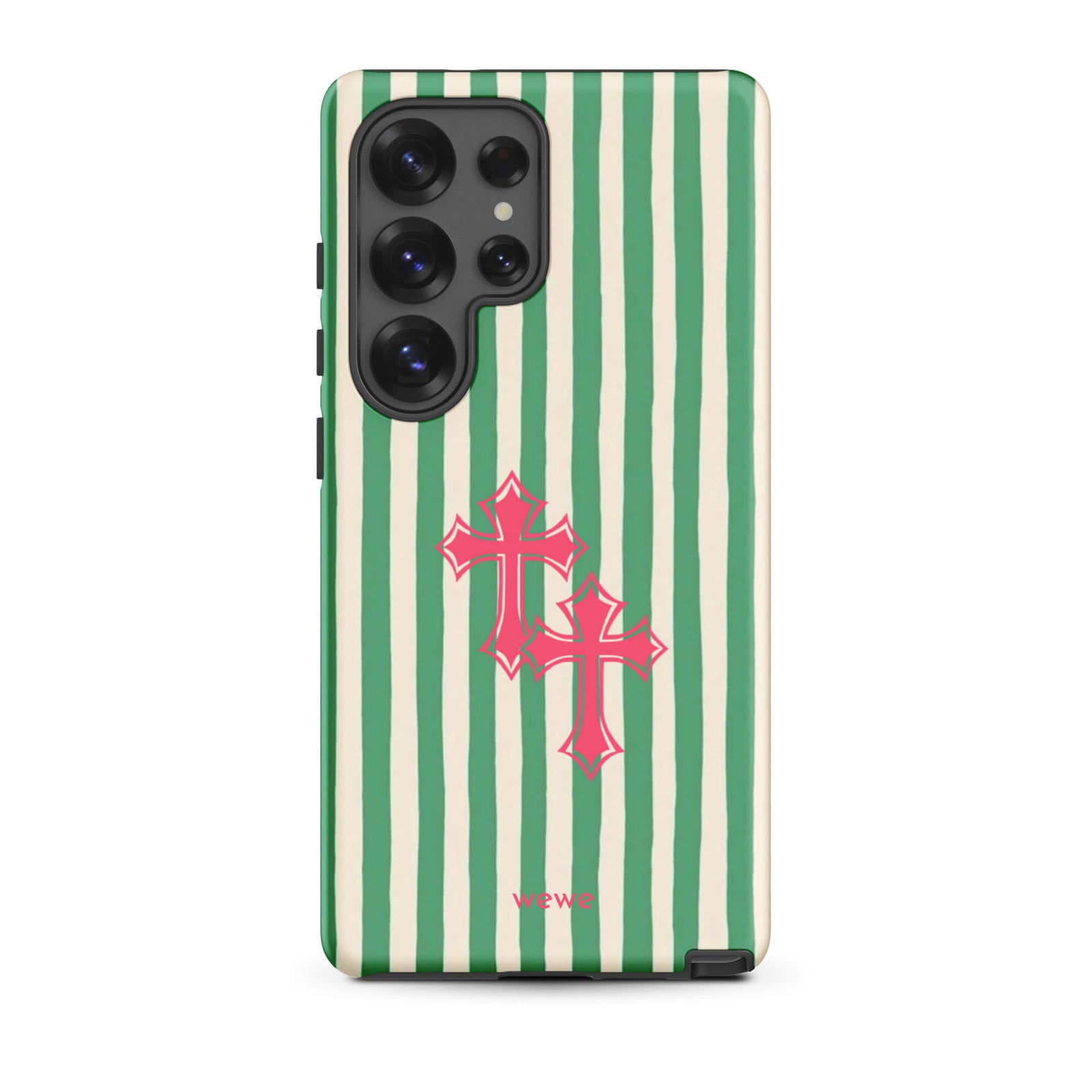 Custom samsung galaxy s25 ultra tough case featuring glossy hand-drawn style vertical stripes in mint green and off-white/cream, with two layered bright pink crosses centered on the back, and 'wewe' branding at the bottom.