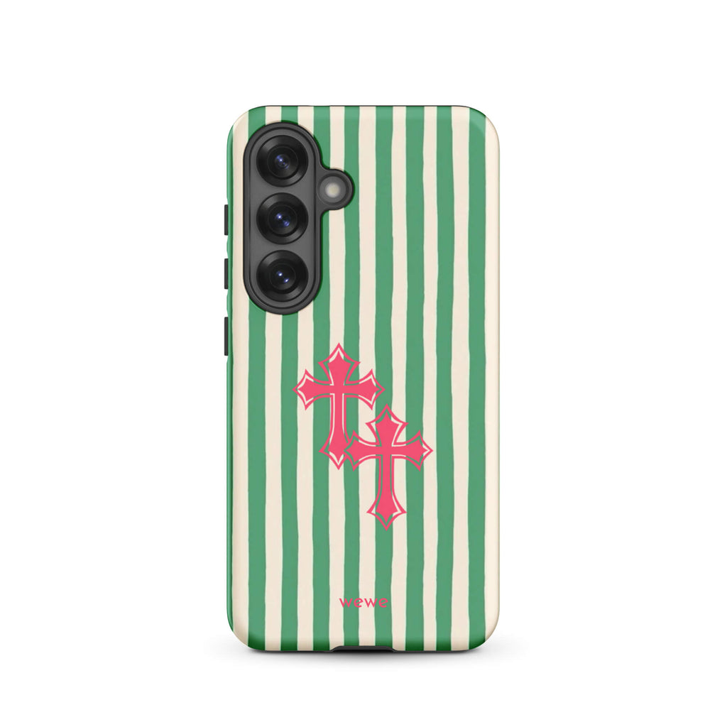 Custom samsung galaxy s25 tough case featuring glossy hand-drawn style vertical stripes in mint green and off-white/cream, with two layered bright pink crosses centered on the back, and 'wewe' branding at the bottom.