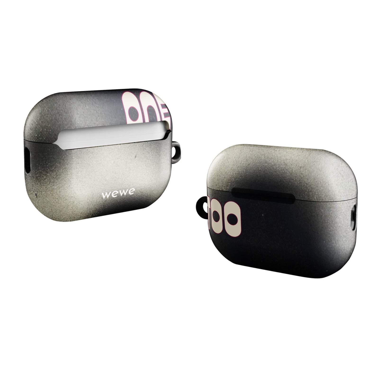 Custom AirPods case pro gen2 with a dark, Rock style background and stylized white text "ONE" and "TOO FOR".