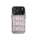 Grey crocodile-inspired print phone case with three stacked pink SWAG words and leopard-pattern lettering