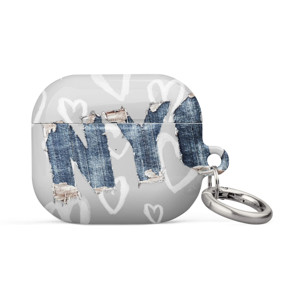 Custom AirPods case 3rd generation with a light grey background, a pattern of sketched white hearts, and a ripped denim 'NY' graphic.
