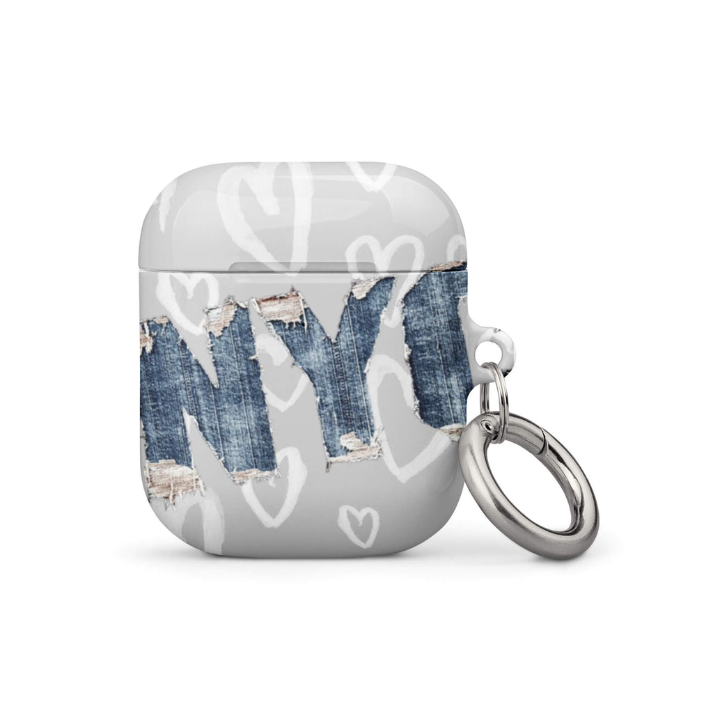 Custom AirPods case gen1 with a light grey background, a pattern of sketched white hearts, and a ripped denim 'NY' graphic.