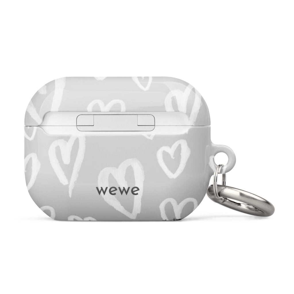 Custom AirPods case pro gen2 with a light grey background, a pattern of sketched white hearts, and a ripped denim 'NY' graphic.