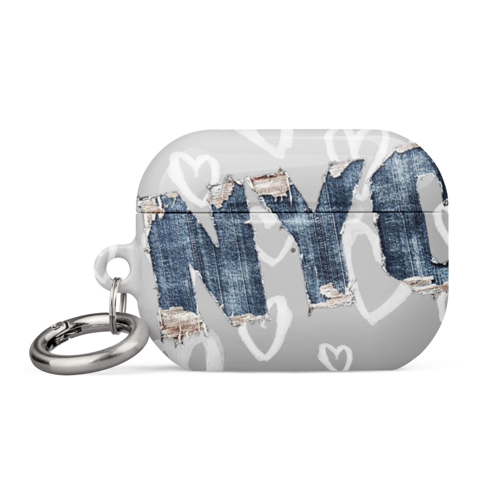 Custom AirPods case pro gen2 with a light grey background, a pattern of sketched white hearts, and a ripped denim 'NY' graphic.