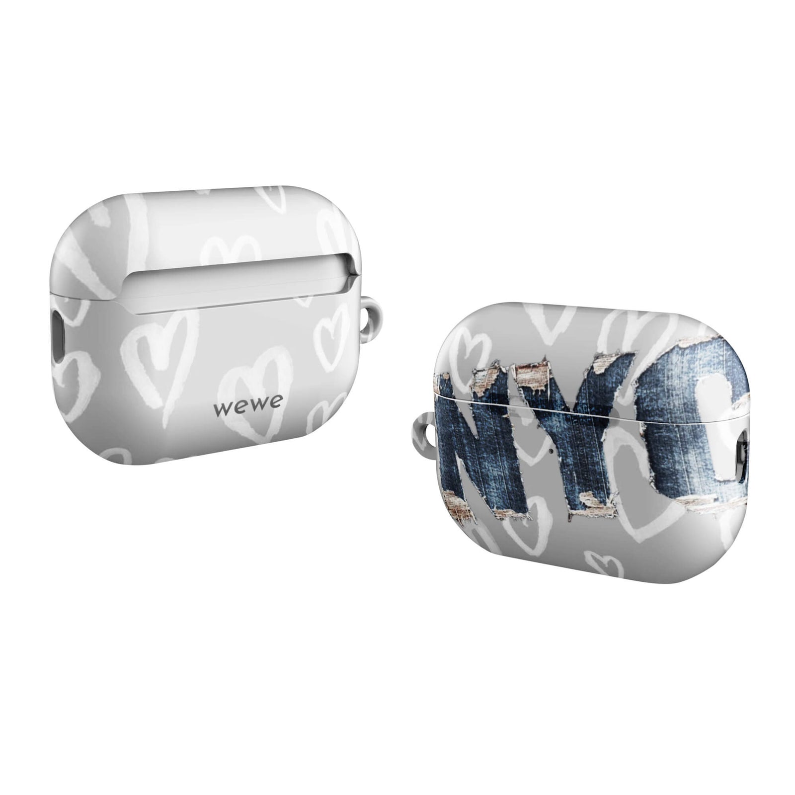 Custom AirPods case pro gen2 with a light grey background, a pattern of sketched white hearts, and a ripped denim 'NY' graphic.