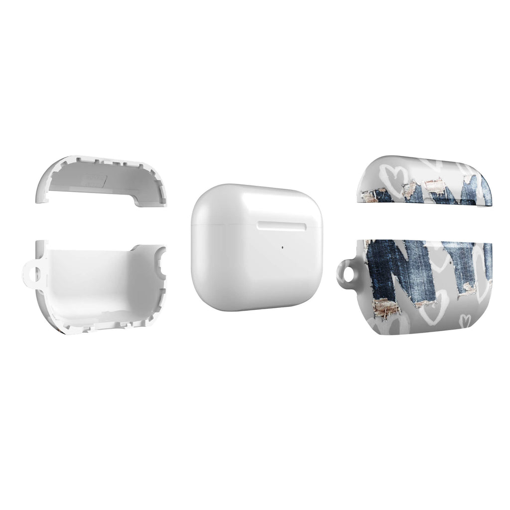 Custom AirPods case pro gen2 with a light grey background, a pattern of sketched white hearts, and a ripped denim 'NY' graphic.