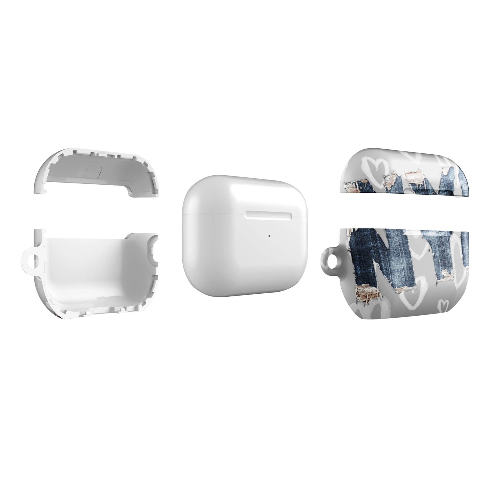Custom AirPods case pro gen2 with a light grey background, a pattern of sketched white hearts, and a ripped denim 'NY' graphic.