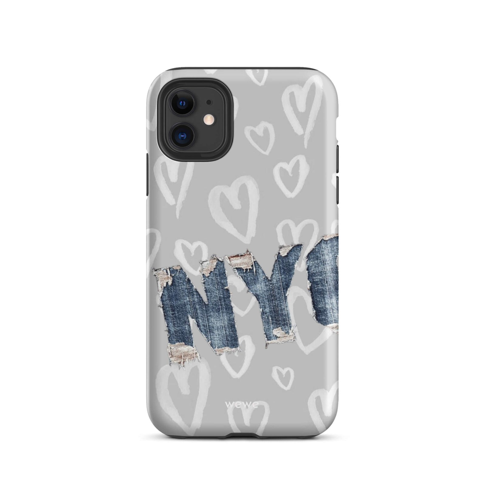 Custom iPhone case 11 with a light grey background, a pattern of sketched white hearts, and a ripped denim 'NY' graphic.
