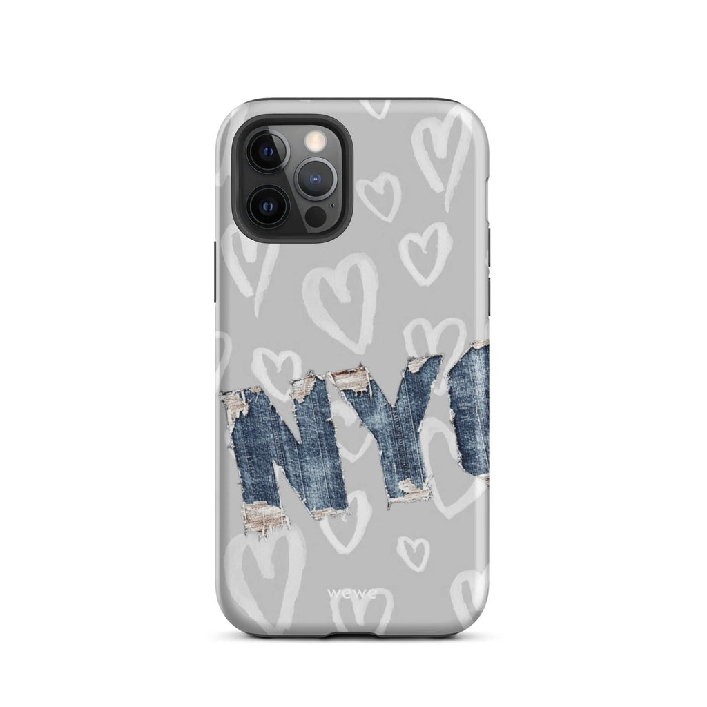 Custom iPhone case 12 pro with a light grey background, a pattern of sketched white hearts, and a ripped denim 'NY' graphic.