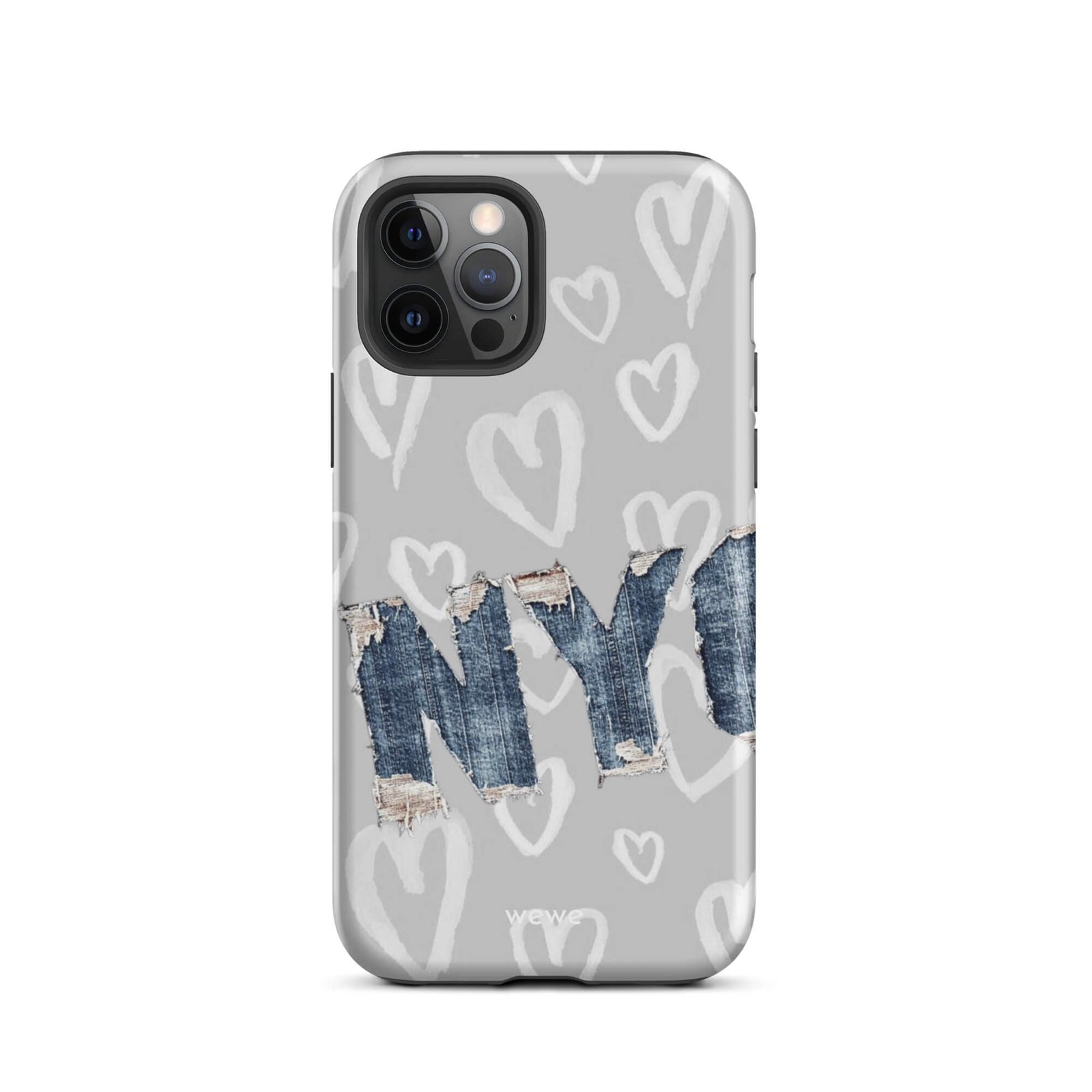 Custom iPhone case 12 pro with a light grey background, a pattern of sketched white hearts, and a ripped denim 'NY' graphic.